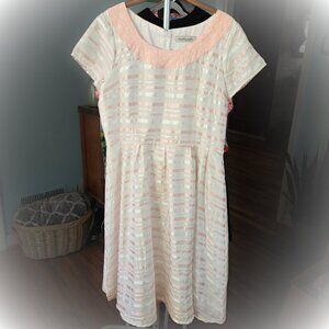 Shabby Apple Pink White Silver Stripe Lace Midi Dress Women L Vintage Inspired